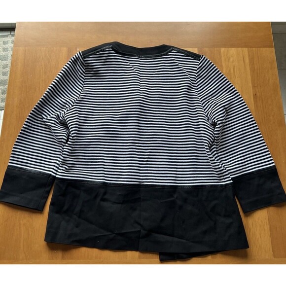 MING WANG Open Front Cardigan Jacket, Faux Leather Trim, Black White, Large - Picture 5 of 5